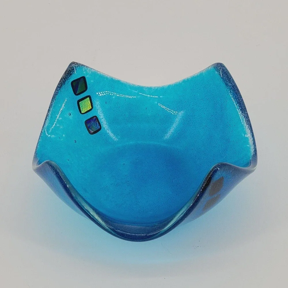 Kiln Arts Nova Scotia Blue Folded Art Glass Bowl Dichroic Squares Signed